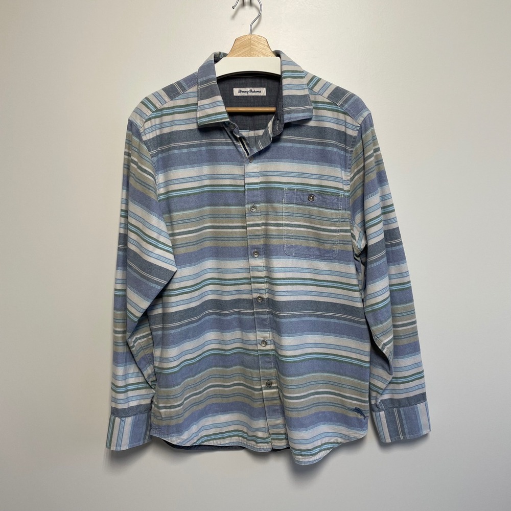 Tommy Bahama Size L Blue Green Striped Long Sleeve Cotton Flannel Twill Shirt - Picture 1 of 8